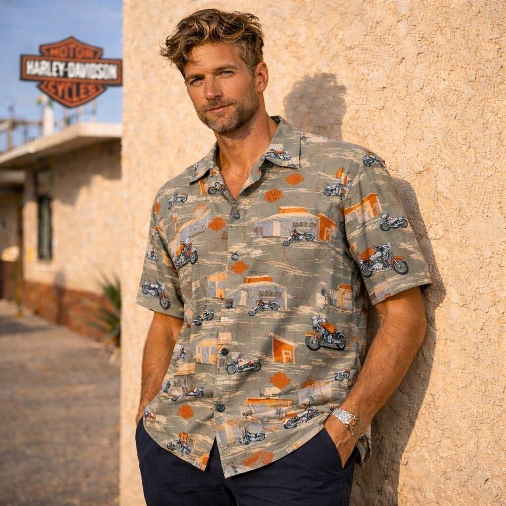 Vintage Harley Davidson Hawaiian Shirt Tori Richard USA Made Rayon Motorcycle M